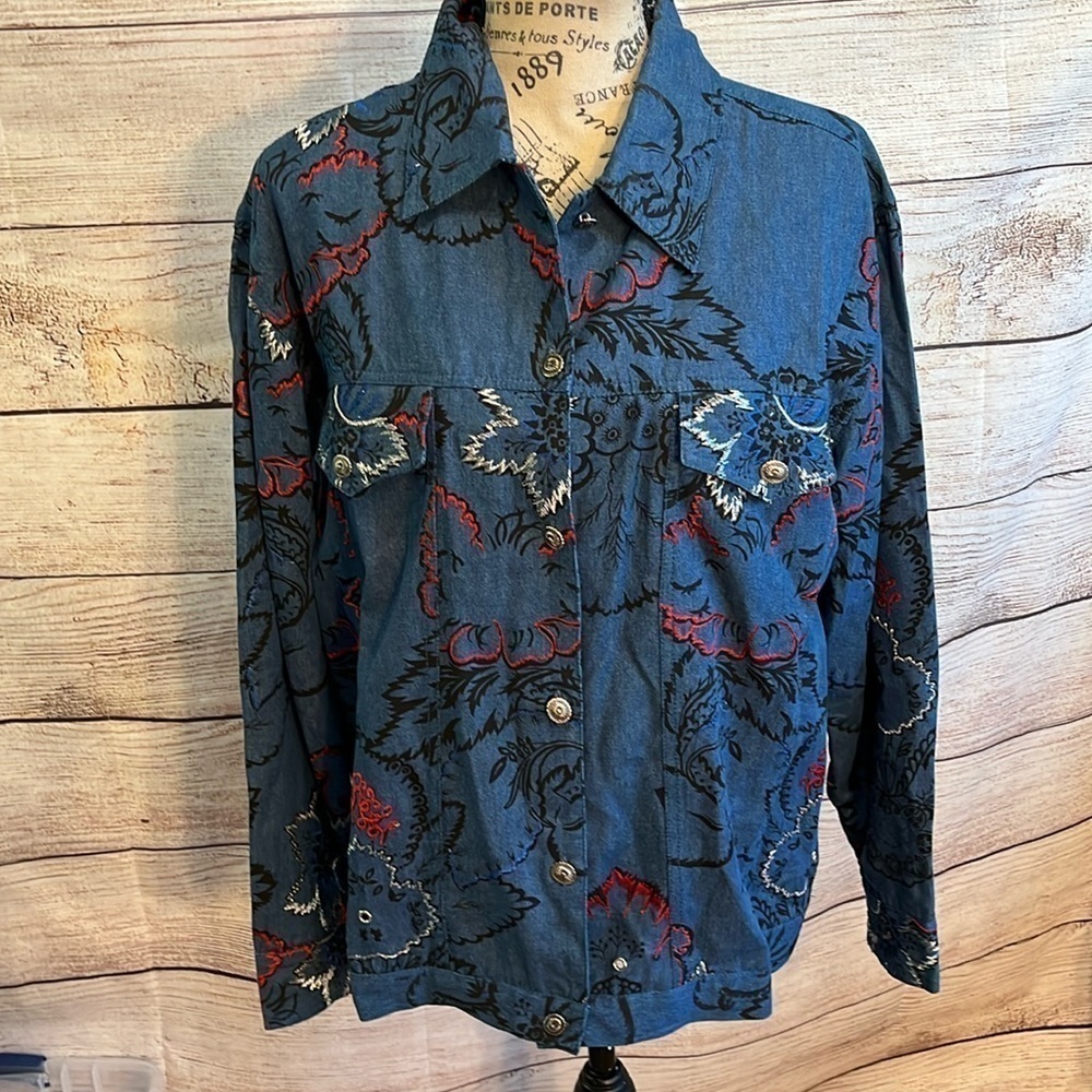 Vintage Cervelle Button Down Shirt Top Metallic Floral Print Flap Pockets Medium